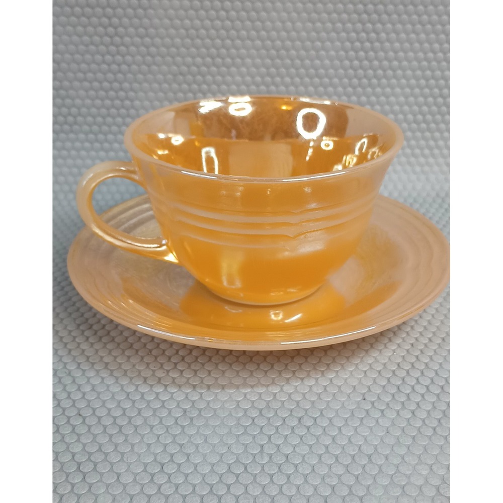 Vintage Fire-King Peach Luster Laurel Cup and Saucer Set Milk Glass Iridescent